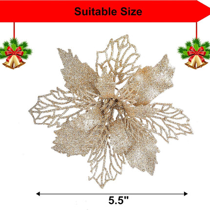 Zhenrui 12 pcs 6” Christmas Poinsettia Flower, Glitter Poinsettia Tree Ornaments, Champagne Artificial Flower Decorating Wreath Garland, Great for Wedding Holiday and Home Decor, with Stems