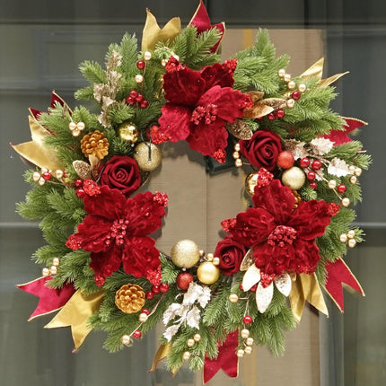 Christmas Wreaths for Front Door, Soomeir Outdoor Winter Wreaths, Large Welcome Wreath with Lights for Holiday Outside Indoors Office Mantle Window (Red Gold)