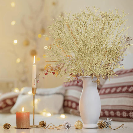 Winlyn 15 Pcs Christmas Artificial Cedar Sprays Champagne Glittered Faux Cedar Branches Stems Christmas Tree Ornament Picks 14.4" for Christmas Tree Wreath Wedding Bouquet Holiday Centerpiece