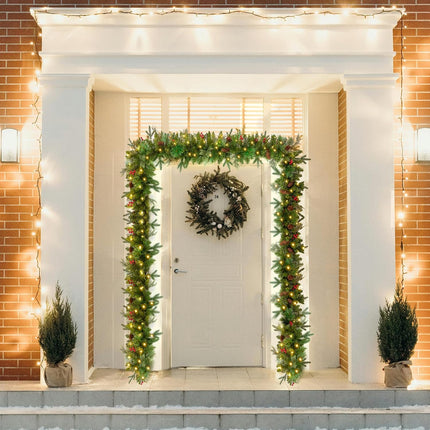 9FT Pre-Lit Artificial Christmas Garland with 50 LED Lights and Realistic Nordic Spruce and Scotch Pine Berries Pine Cones Xmas Garland for Mantle Stair Railing Indoor Outdoor