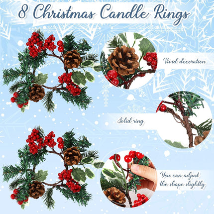 Set of 8 Christmas Candle Rings Christmas Wreaths Berry Pinecone Red Poinsettia Candle Wreaths Rings Mini Christmas Candleholders Xmas Wreath Candle Holder for Christmas Centerpiece(Cute)