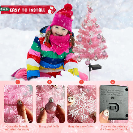 2 Set Pink Solar Christmas Tree Lights, Waterproof Solar Christmas Decorations Outdoor, Xmas Solar Stake Lights with 40 LEDs Cemetery Christmas Tree for Grave Outside Garden Yard Lawn