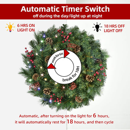 Christmas Wreaths for Front Door 24In - Artificial Christmas Wreath with 40 LEDs 9 Models Light, Timer, Hanger, Battery Operated Christmas Wreath for Mantel Wall Windows Xmas Decoration