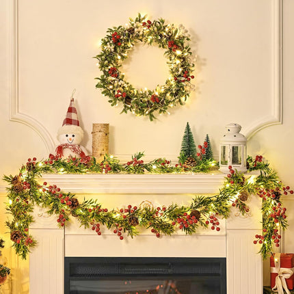 MARTINE MALL 6FT Christmas Garland, Pre-lit Christmas Garland with 20 LED Lights, Battery Operated Christmas Lighted Garland with Snowflakes Red Berry Christmas Garland for Mantle Fireplace