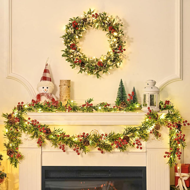 MARTINE MALL 6FT Christmas Garland, Pre-lit Christmas Garland with 20 LED Lights, Battery Operated Christmas Lighted Garland with Snowflakes Red Berry Christmas Garland for Mantle Fireplace