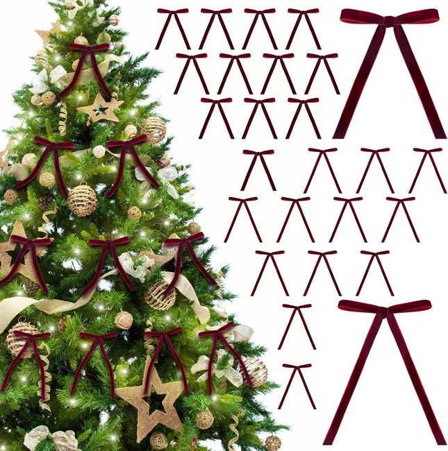 FOTN 26 Pcs Velvet Bows for Christmas Tree,Christmas Wreath Bows, Christmas Velvet Bows Rustic Crafts Bows Vintage Velvet Ribbon Bows for Xmas Home Decor Wedding Outdoor Indoor (Burgundy)