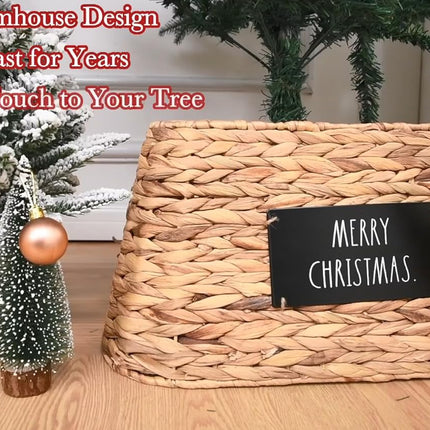 Rae Dunn Christmas Tree Collar - Base Decoration to Cover Artificial Christmas Tree Stand - Rustic & Farmhouse Holiday Decorations (Woven Square - Merry Christmas)
