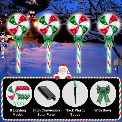 4LED Solar Christmas Pathway Lights Solar Powered Lollipop Garden Lights Decorations Christmas Peppermint Waterproof Outdoor Light Red and Green for Yard Deck Lawn Patio Walkway Courtyard(1Pack)
