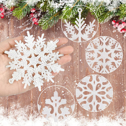 36Pcs White Glitter Snowflake Decorations Christmas Ornaments, Hanging Plastic Snow Flakes Ornaments with Silver Rope for Christmas Tree Decorations, Winter Wonderland Party Supplies