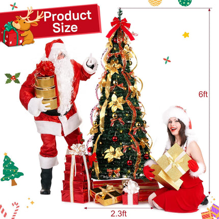 6 ft Christmas Tree Pop up Pre lit Christmas Tree with Lights Artificial Prelit Decorated Holiday Pull up Xmas Tree with Red and Gold Decorations Easy Assembly for Xmas Home Fireplace Decor