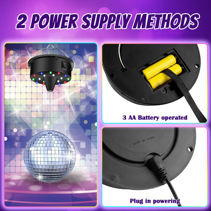 10 RPM Disco Ball with Motor and Mirror Ball — Plug/Battery Powered Disco Ball Light with 4 Color Lights,18 LED Beads and Mirror Ball, Christmas Party, Back to 70s Theme Party Supplies