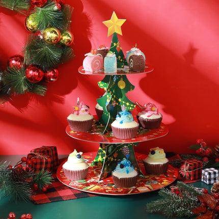 Christmas Cake Stand 3 Tier Christmas Dessert Stand Holder with 24 Pcs Cake Toppers Xmas Cake Tower Tray Cardboard Pastry Serving Tray Stand for Xmas Year Party Decoration Supplies