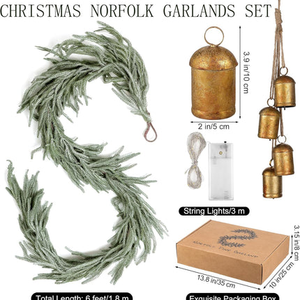 1 Pack Christmas Norfolk Garlands Set 6 Feet Artificial Faux Greenery Garland 4 Cow Bell with Jute Hanging Rope Light String Winter Pine Garland for Xmas Indoor Holiday Decor, Green+White