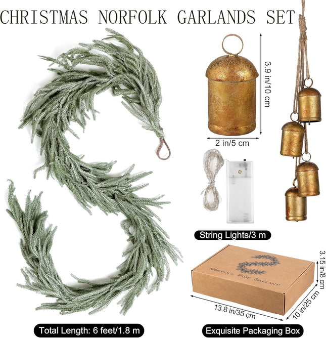1 Pack Christmas Norfolk Garlands Set 6 Feet Artificial Faux Greenery Garland 4 Cow Bell with Jute Hanging Rope Light String Winter Pine Garland for Xmas Indoor Holiday Decor, Green+White