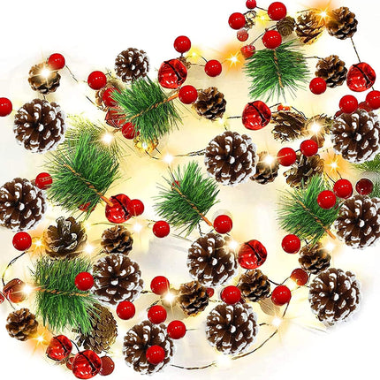AMENON 2 Pack Christmas Pinecone Lights Total 14 Ft 40 LED Red Berry Pine Cone Garland with Timer Lights Battery Operated Xmas Fairy String Lights Home Indoor Christmas Decorations, 7 Ft 20 LED Each