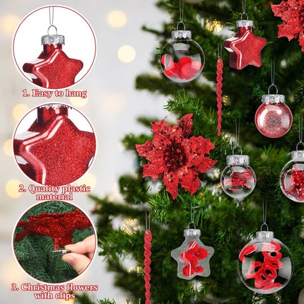 Jenaai 80 Pcs Clear Christmas Ball Ornaments Set Transparent Shatterproof Decorative Ball Christmas Hanging Baubles with Stuffed Delicate Decoration for Xmas Tree Decor Holiday Party (Red)