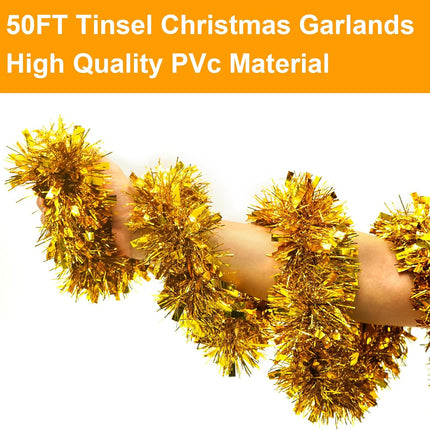 50FT Christmas Decorations Christmas Garland, Gold Christmas Tinsel Garland Christmas Tinsel Twist Garland for Indoor for Xmas Tree Door Patio Disco Party Holiday Christmas Decor
