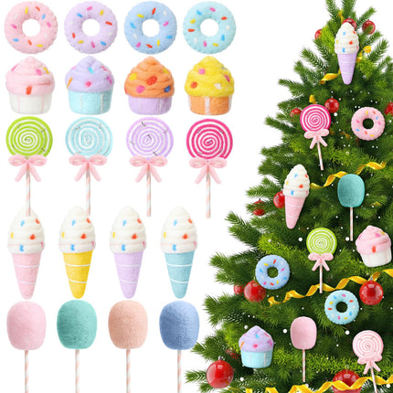20 Pcs Christmas Felt Wool Dessert Ornaments Set Christmas Tree Felt Hanging Ornament Lollipop Cotton Candy Cake Ice Cream Donut Ornament Holiday Felt Donut Ornaments (Macaron)
