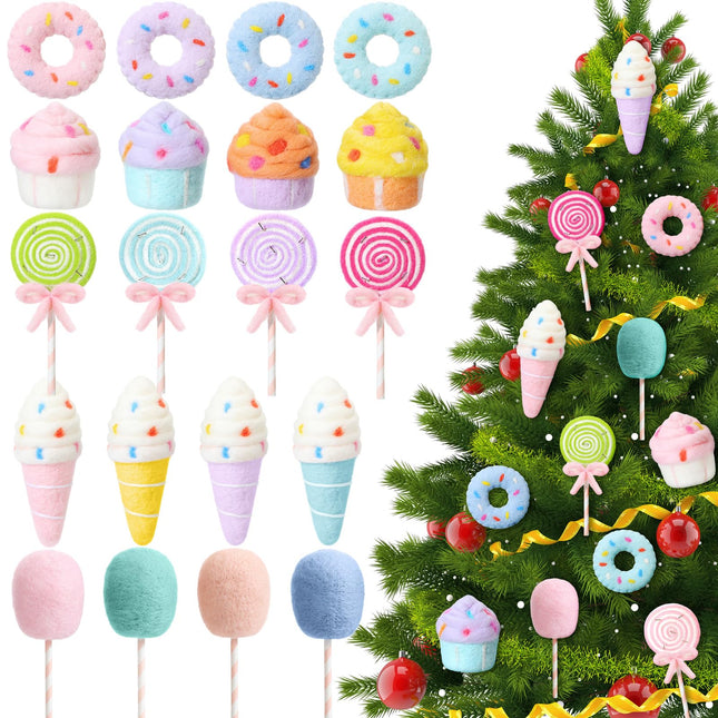 20 Pcs Christmas Felt Wool Dessert Ornaments Set Christmas Tree Felt Hanging Ornament Lollipop Cotton Candy Cake Ice Cream Donut Ornament Holiday Felt Donut Ornaments (Macaron)