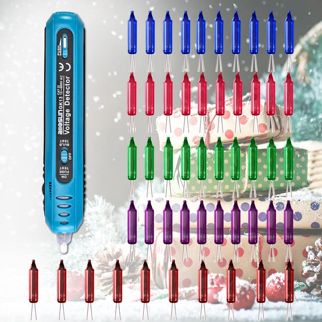 allsun Christmas Light Tester Non Contact Voltage Tester,50 Pieces Mini Christmas 2.5 Volt 0.17 mas,0.43 watt Replacement Light Bulbs for Xmas Tree Decorative,Light Fix Bulb&Fuse Detector 12-600 Vac