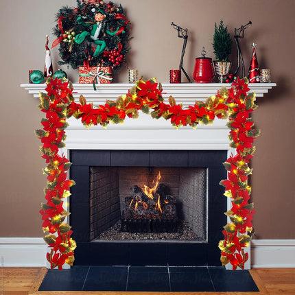 Christmas Poinsettia Garland,6 FT Lighted up Artificial Garlands with Red Flowers,6H/18H Timer Battery Operated Christmas Staircase Garland,Xmas Year Home Decor
