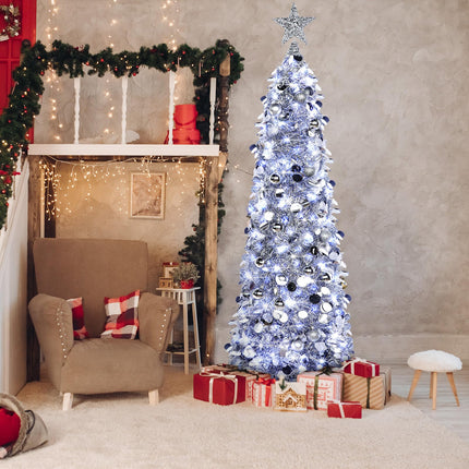 Jenaai 3 Pcs Pop up Christmas Tree 5ft Tinsel Pencil Christmas Tree with LED String Light Silver Balls Tree Star Topper Artificial Collapsible Christmas Tree Ornaments for Xmas Holiday Party Decor