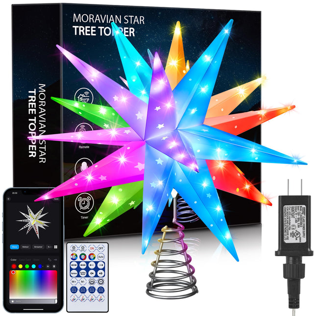 Smart 13" Christmas Star Tree Topper with Lights - 54 LED 3D Foldable Stars Shell 16 Million Colors Advanced App Control Music Sync with Remote Indoor Outdoor Decoration (Hollow Star)