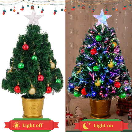 Waipfaru 24 Inch Green Fiber Optic Christmas Tree, Prelit Artificial Mini Christmas Tree with Christmas Decorations Ball, Tabletop Small Xmas Tree with Stars, for Christmas Decorations