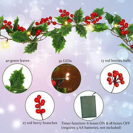 ATDAWN 9 FT Red Berry Christmas Lighted Garland, Battery Operated Christmas Garland with Lights, Flexible Artificial Pre Lit Garland for Indoor Fireplace Christmas Holiday Year Decoration, 2 Pack