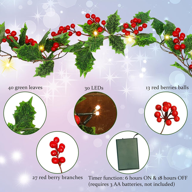 ATDAWN 9 FT Red Berry Christmas Lighted Garland, Battery Operated Christmas Garland with Lights, Flexible Artificial Pre Lit Garland for Indoor Fireplace Christmas Holiday Year Decoration, 2 Pack