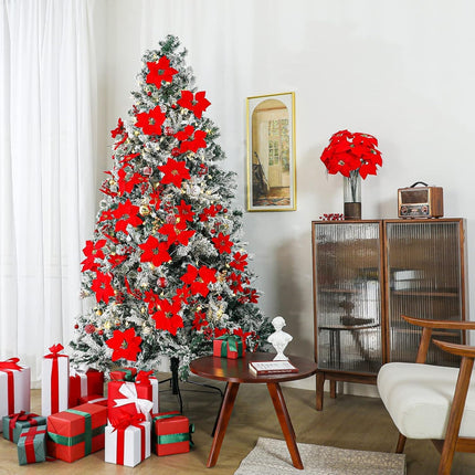 Luyue 12 PCS Real Touch Poinsettia Flowers Artificial Poinsettia Christmas Decorations Red Poinsettia Picks Fake Christmas Flower with Stems and Clips Xmas Floral for Christmas Tree Wreath Home Decor
