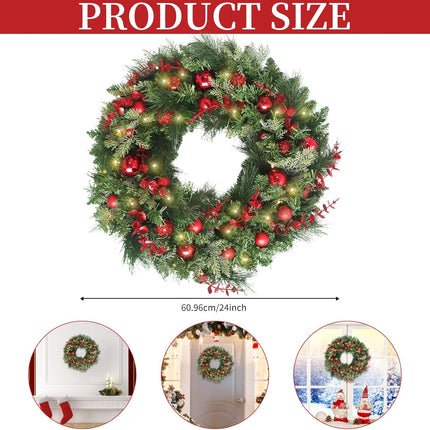 24 Inch Christmas Wreaths, Christmas Wreaths for Front Door with Balls Ornaments, Eucalyptus and Battery Operated LED Lights, Large Artificial Xmas Wreath with Timer for Outdoor Holiday Decor