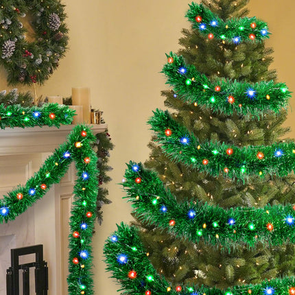 Christmas Garland Prelit Tinsel 32.8 Ft, Green Metallic Garlands with 100 LED Lights for Christmas Tree Wreath Year Party Home Railing Holiday Indoor Outdoor Wedding Decorations
