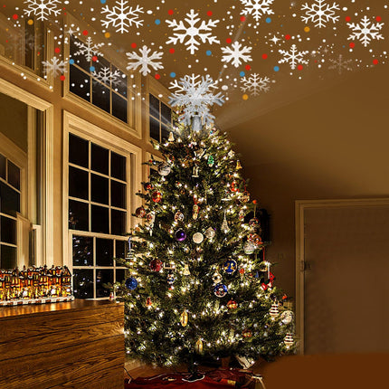 Christmas Tree Topper Lighted with Silver Snowflake Projector, Led Rotating Magic Snowflake, 3D Hollow Glitter Lighted Silver Snow Tree Topper for Christmas Tree Decorations Ornament for Indoor