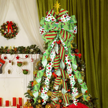 Christmas Tree Topper Bow Wreath, 44 x 13 Inches Large Green Christmas Bow Tree Topper,Glitter Christmas Wreath for Tree Indoor Outdoor Christmas Decoration
