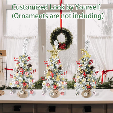 Artificial Mini Christmas Tree with LED Lights, 21 Inch Table Top Christmas Tree with Red Berries and Pine Cones for Holiday Decoration