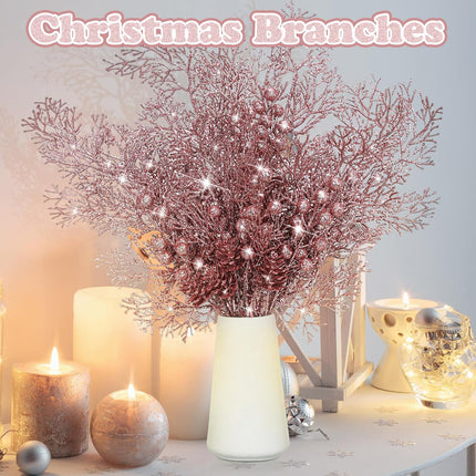 Tigeen 12 Pcs Large Christmas Tree Picks Bulk Glitter Branches Berries Stems Decorations 15.75'' Christmas Twigs Filler Berry Picks for Vase Christmas Tree Ornaments (Rose Gold)