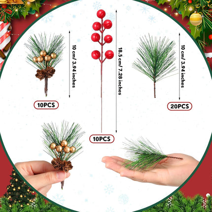 40 Pieces Mini Artificial Christmas Floral Picks Artificial Pine Picks Red Berry Picks Holly Red Berry Stems Green Pine Needles Picks for Christmas Tree Wreath ing Props Winter Holiday
