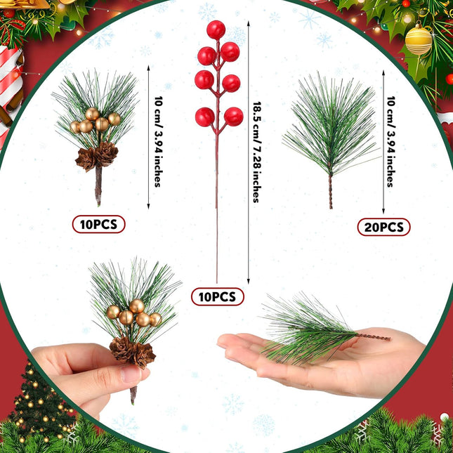 40 Pieces Mini Artificial Christmas Floral Picks Artificial Pine Picks Red Berry Picks Holly Red Berry Stems Green Pine Needles Picks for Christmas Tree Wreath ing Props Winter Holiday