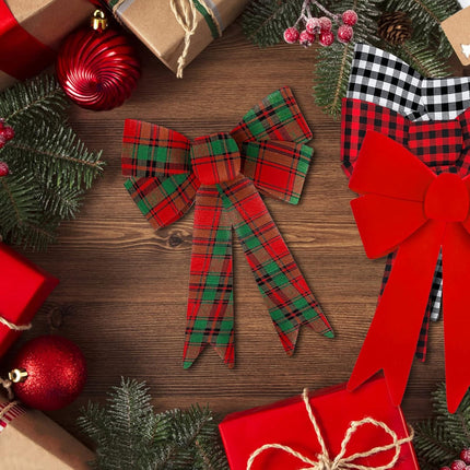 6 Pack Christmas Bows Decorations, Large Christmas Buffalo Plaid Bows for Wreath Garland Christmas Tree Topper Ornaments Outdoor Indoor Christmas Decorations Home Party Crafts, 9 x 12.5 (Red Green)