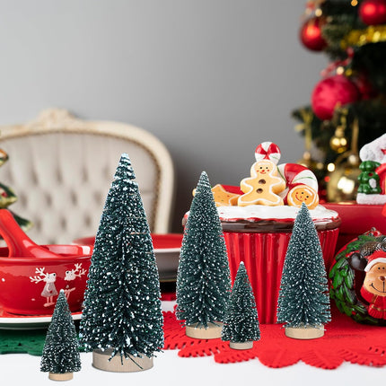 5Pcs Christmas Decorations Mini Christmas Trees, Artificial Christmas Tree Bottle Brush Trees with Glitter Powder Wooden Base for Christmas Decor Christmas Party Home Table
