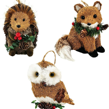Nature Vibe Christmas Sisal Woodland Animals Ornaments, Set of 3 Natural Forest Friends with Garland Figurines as Christmas Tree Decorations