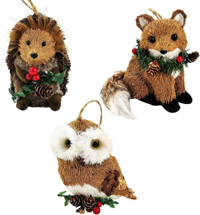 Nature Vibe Christmas Sisal Woodland Animals Ornaments, Set of 3 Natural Forest Friends with Garland Figurines as Christmas Tree Decorations