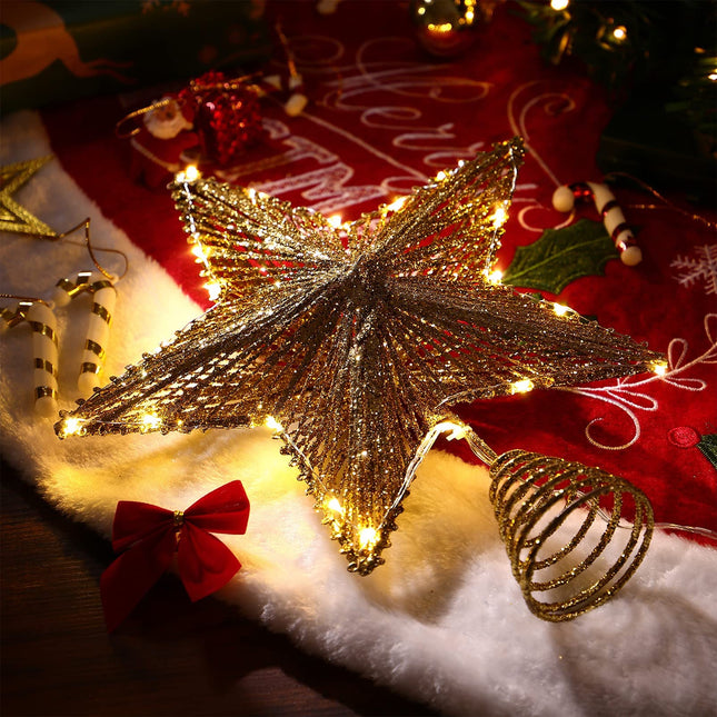 Christmas Tree Topper Star- Glitter Star Tree Topper Lighted with LED Wire Christmas Tree Decorations Christmas Tree Ornament Xmas Party Decoration (12 Inch,Golden)