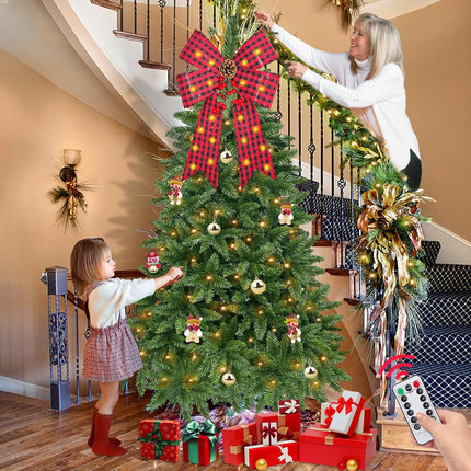 24'' x 14'' Prelit Large Christmas Bows Decorations with 8 Modes Timer Remote, 20 Lights Black Red Buffalo Plaid Xmas Wreath Bow for Christmas Tree Topper Garland Outdoor Indoor Home (Battery Powered)