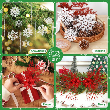 84 Pack Christmas Tree Decorations, Glitter Berry Stems, Acrylic Clear icicles Ornaments, Snowflake Ornaments, Artificial Christmas Flowers, Natural Pine Cones, Xmas Tree Decor (Red)