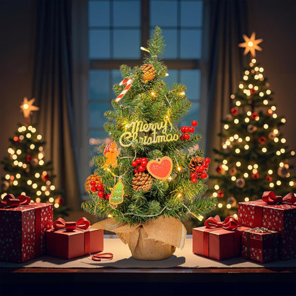 24" Mini Christmas Tree with LED Lights, Small Tabletop Christmas Tree for Indoor Christmas Decorations with Sign, Red Berries, Pine Cones, Hanging Cards,Ideal Christmas Decor for Home, Office & Party