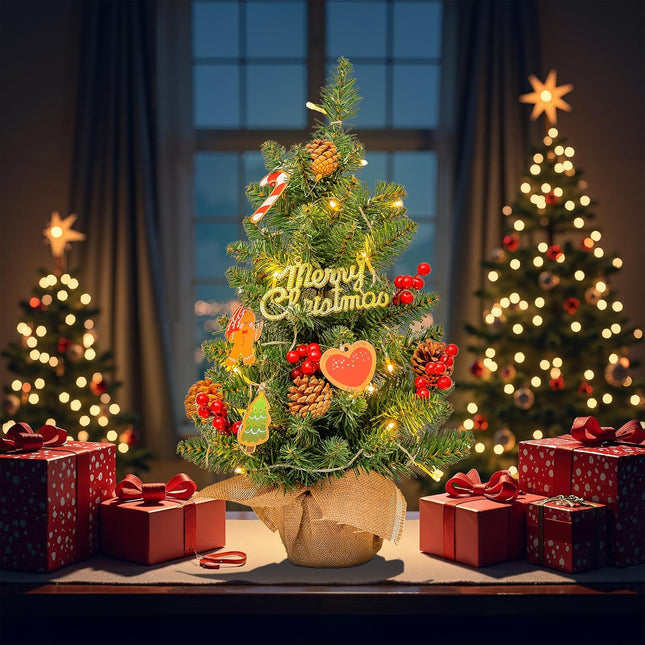 24" Mini Christmas Tree with LED Lights, Small Tabletop Christmas Tree for Indoor Christmas Decorations with Sign, Red Berries, Pine Cones, Hanging Cards,Ideal Christmas Decor for Home, Office & Party