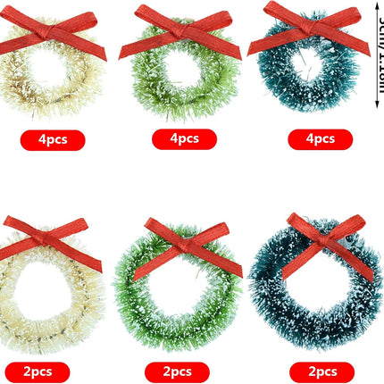 18 Pcs Mini Christmas Wreaths Decorations Artificial Miniature Frost Sisal Christmas Tree Wreaths for Dollhouse Embellishments, Xmas Tree Hanging, Card Model Making, Arts and Crafts Décor