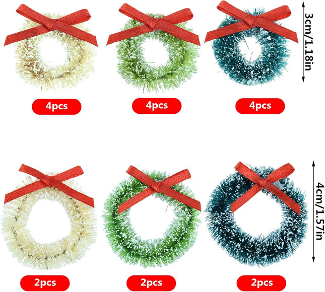 18 Pcs Mini Christmas Wreaths Decorations Artificial Miniature Frost Sisal Christmas Tree Wreaths for Dollhouse Embellishments, Xmas Tree Hanging, Card Model Making, Arts and Crafts Décor